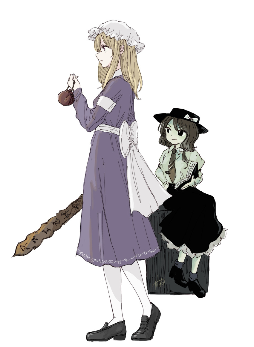 2girls, :o, armband, back_bow, black_boots, black_hat, black_shoes, black_skirt
