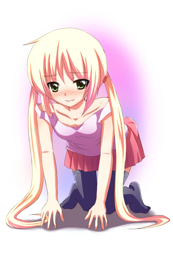 all_fours, blonde_hair, blush, green_eyes, hayate_no_gotoku!, long_hair, sanzen'in_nagi, sanzen'in_nagi, sanzenin_nagi, thigh-highs, thighhighs, twintails, yuu_yuu_(netaeshi58)