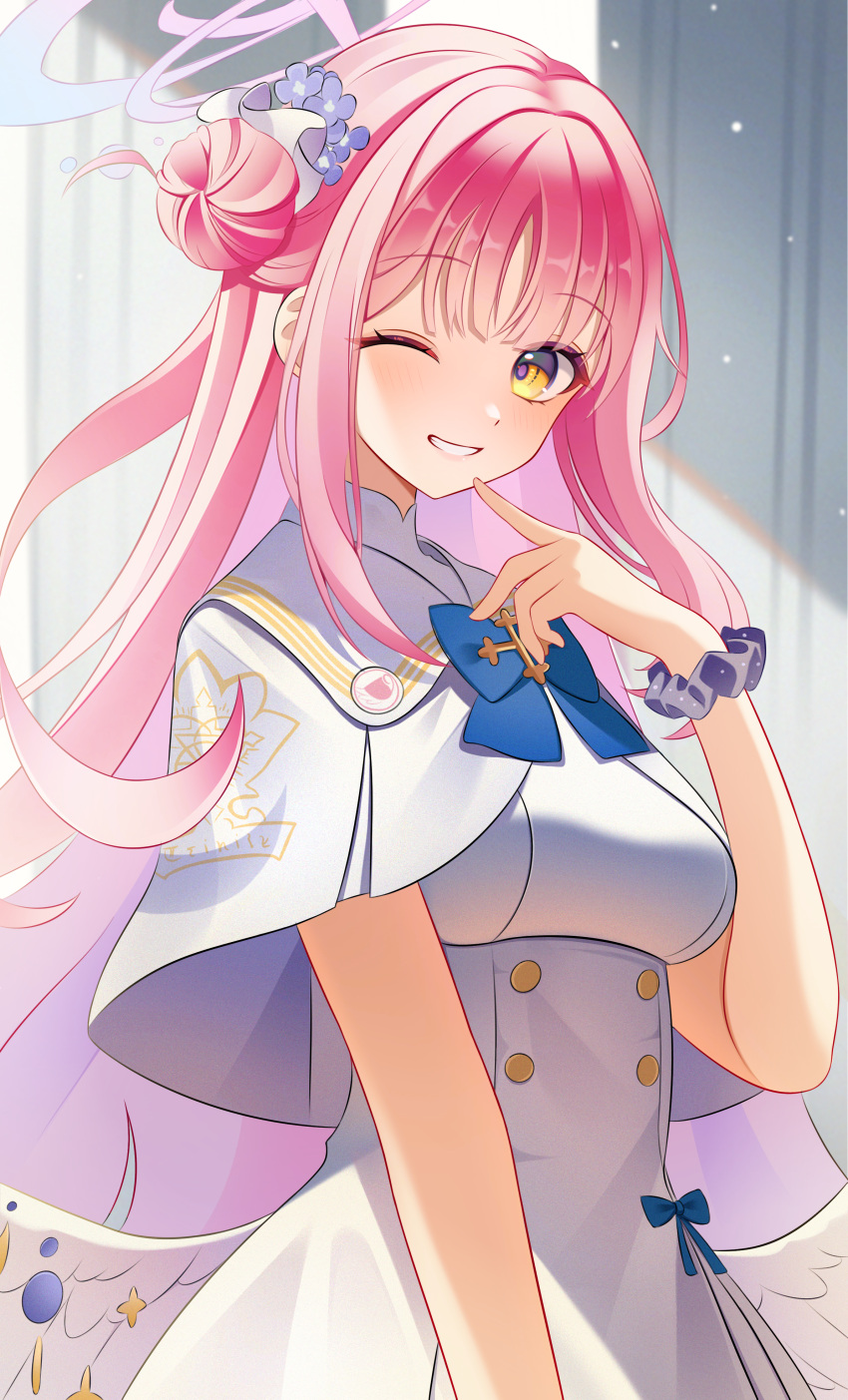 1girl, absurdres, angel_wings, blue_archive, blue_bow, blush, bow, breasts, buttons, chijiandeyusang, closed_mouth, commentary_request, dress, feathered_wings, flower, hair_bun, hair_flower, hair_ornament, halo, high-waist_skirt, highres, long_hair, looking_at_viewer, low_wings, medium_breasts, mika_(blue_archive), one_eye_closed, pink_hair, pink_halo, scrunchie, single_hair_bun, single_side_bun, skirt, smile, solo, upper_body, very_long_hair, white_dress, white_wings, wings, wrist_scrunchie, yellow_eyes