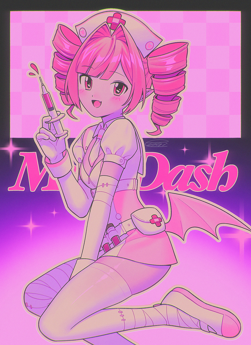 1girl, :d, absurdres, arm_between_legs, blunt_bangs, buro_(muse_dash), buro_(nocturne_bloodheir)_(muse_dash), commentary_request, copyright_name, dress, drill_hair, elbow_gloves, fang, foot_out_of_frame, gloves, hair_intakes, hat, highres, holding, holding_syringe, looking_at_viewer, low_wings, menma_(enaic31), microdress, muse_dash, necktie, nurse_cap, open_mouth, outline, pink_eyes, pink_hair, pink_theme, puffy_short_sleeves, puffy_sleeves, shoes, short_sleeves, simple_background, skin_fang, smile, standing, standing_on_one_leg, syringe, thigh-highs, tongue, tsurime, twin_drills, twintails, uwabaki, white_dress, white_gloves, white_necktie, white_outline, white_shoes, white_thighhighs, wings, zettai_ryouiki