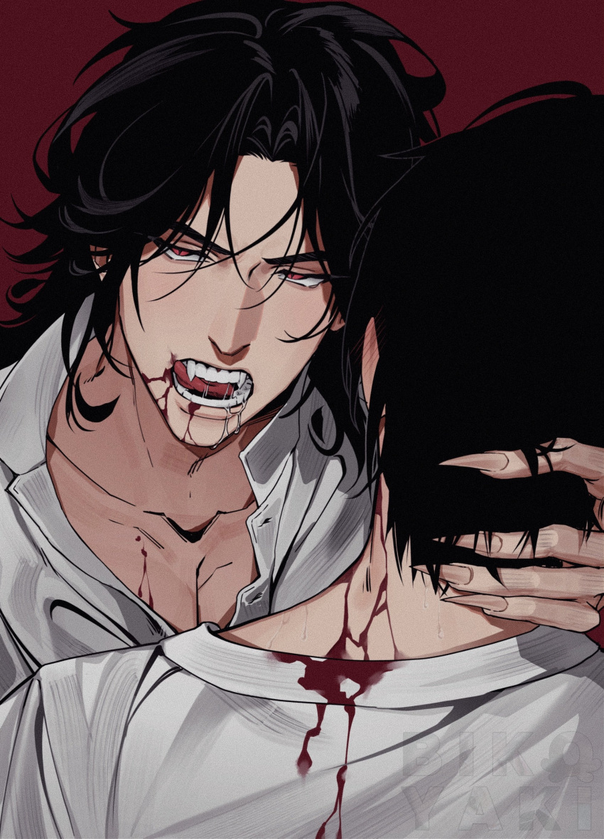 2boys, absurdres, bikoyaki, black_hair, blood, blood_from_mouth, blood_on_chest, blood_on_clothes