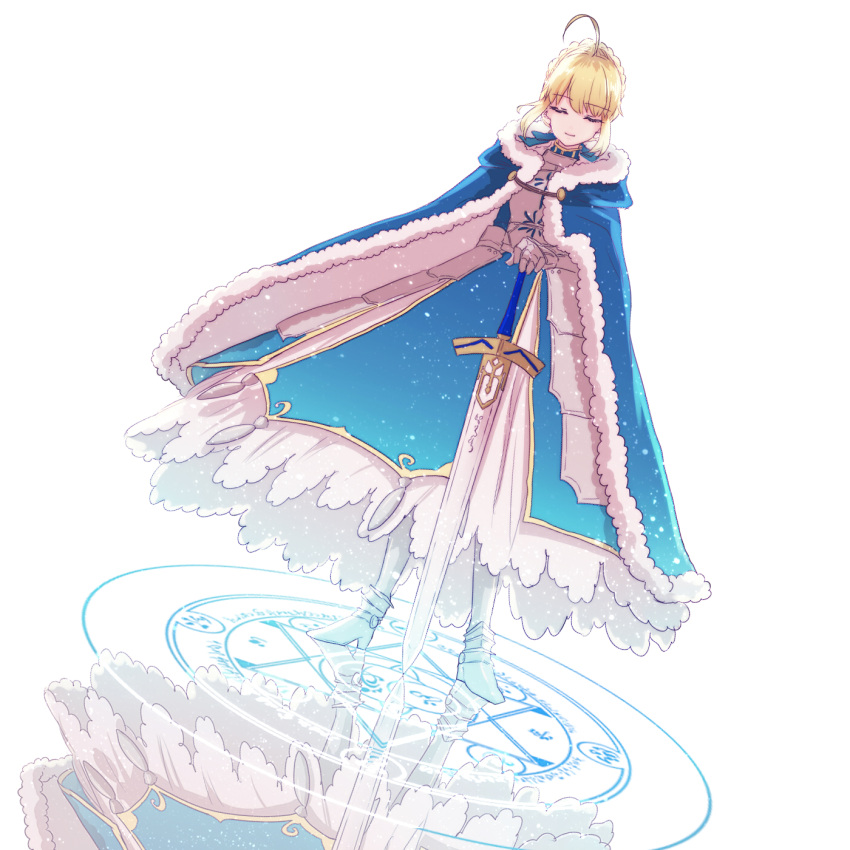 1girl, ahoge, alternate_legwear, armor, armored_dress, artoria_pendragon_(fate), blonde_hair, blue_cape