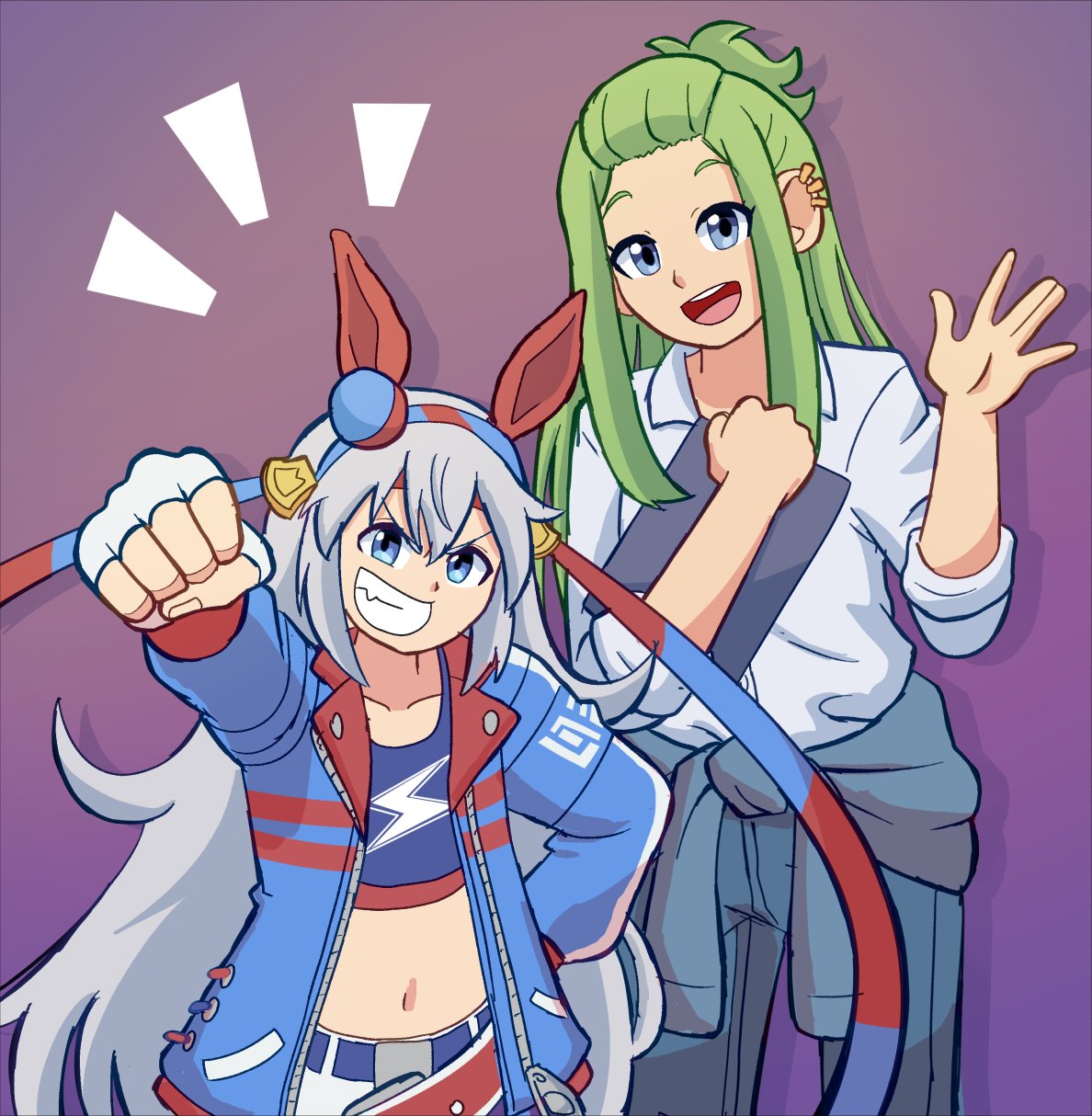 2girls, animal_ears, blue_eyes, blue_hairband, blue_jacket, blue_pants, blue_sports_bra, clenched_hand, clipboard, clothes_around_waist, collared_shirt, crop_top, ear_covers, ear_piercing, eggtempest, fang, fingerless_gloves, gloves, green_hair, grey_hair, hair_between_eyes, hairband, headband, highres, holding, holding_clipboard, horse_ears, horse_girl, jacket, komiyama_masami, lightning_bolt_print, lightning_bolt_symbol, long_hair, long_sleeves, looking_at_viewer, midriff, multiple_girls, navel, open_mouth, pants, piercing, red_headband, shirt, smile, sports_bra, striped_clothes, striped_hairband, tamamo_cross_(umamusume), tamamo_cross_(with_lightning_speed)_(umamusume), teeth, umamusume, umamusume:_cinderella_gray, very_long_hair, waving, white_pants, white_shirt