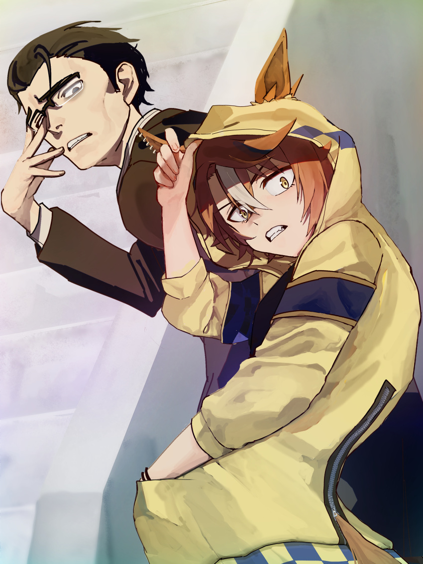 1boy, 1girl, absurdres, animal_ears, black_hair, black_jacket, brown_hair, commentary_request