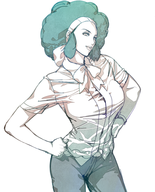 afro, aloe_(pokemon), arched_back, belt, blouse, bracelet, breasts, green_hair