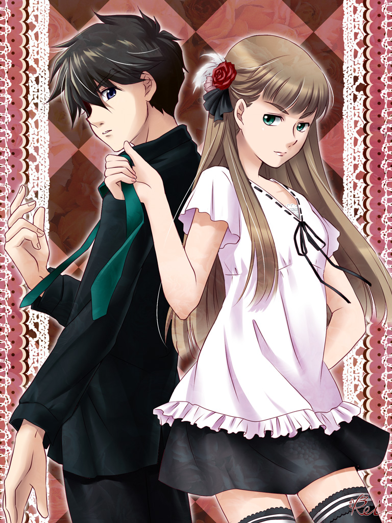 1girl, back-to-back, black_legwear, blonde_hair, blouse, blue_eyes, brown_hair, couple, flower, gundam, gundam_wing, hair_flower, hair_ornament, heero_yui, heero_yuy, lace, lace-trimmed_thighhighs, long_hair, necktie, rei_(usabiba), relena_peacecraft, ribbon, rose, skirt, thighhighs, undone_necktie, untied, zettai_ryouiki
