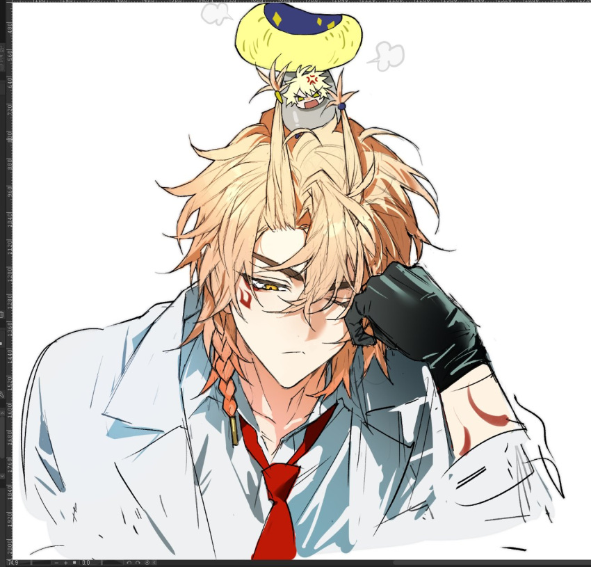2boys, anger_vein, arm_tattoo, black_gloves, blonde_hair, braid, coat, collared_shirt, facial_tattoo, gloves, grabbing_another's_hair, gradient_hair, hackmemme, highres, holding_another's_hair, honkai:_star_rail, honkai_(series), male_focus, medium_hair, multicolored_hair, multiple_boys, mushroom, mydei_(honkai:_star_rail), necktie, official_alternate_costume, one_eye_closed, phainon_(honkai:_star_rail), phainon_(khaslana)_(honkai:_star_rail), red_hair, red_necktie, red_tattoo, shirt, side_braid, simple_background, tattoo, white_background, white_coat, white_shirt, yellow_eyes