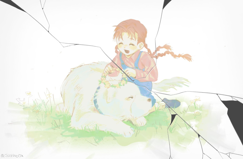 1girl, alexander_(fma), black_shoes, blue_overalls, braid, brown_hair, child, chlorine17x, closed_eyes, crack, cracked_glass, dog, fullmetal_alchemist, grass, hashtag-only_commentary, head_wreath, highres, kneeling, light_blush, long_hair, nina_tucker, open_mouth, overalls, pink_shirt, shirt, shoes, smile, socks, twin_braids, white_socks