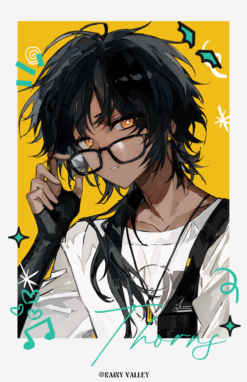 1boy, absurdres, adjusting_eyewear, antenna_hair, arknights, bag, black-framed_eyewear, black_gloves