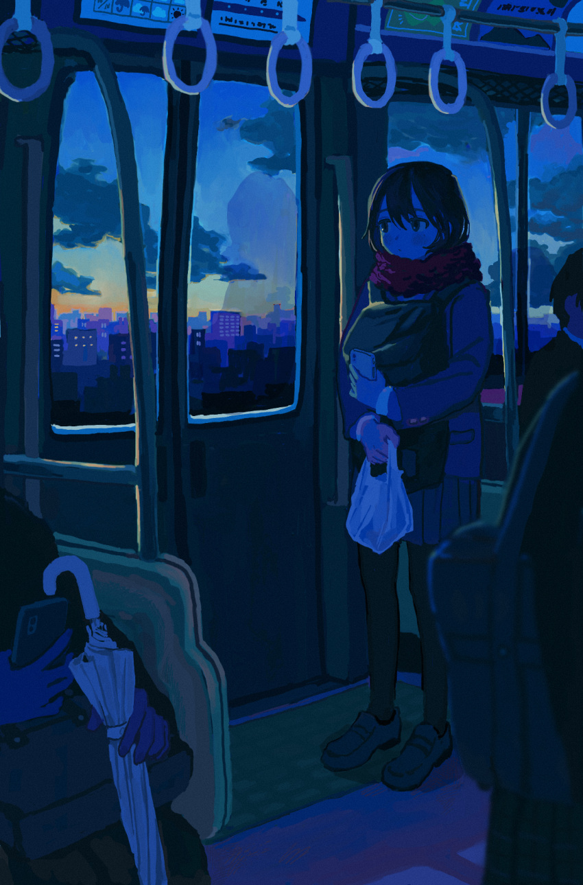 1girl, 2boys, 2girls, backpack, bag, cellphone, cityscape, dark
