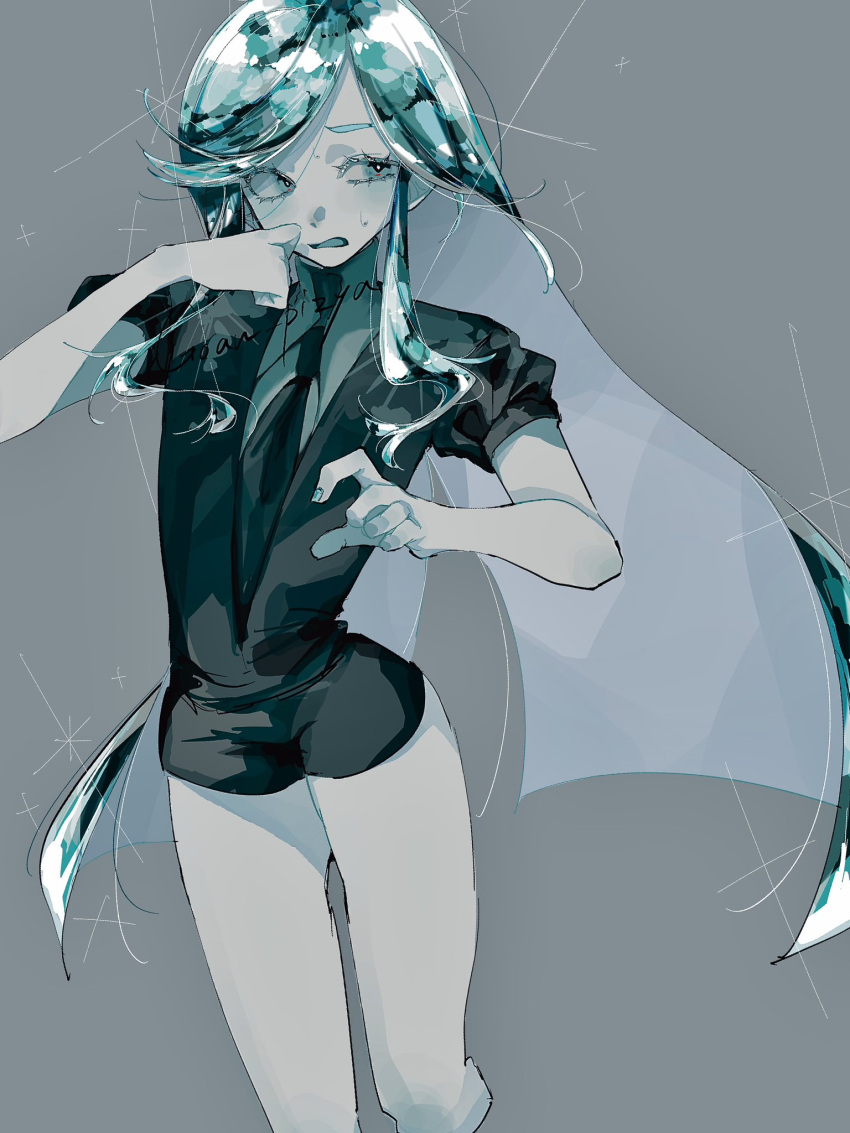 1other, alternate_hair_length, alternate_hairstyle, androgynous, aqua_eyes, aqua_hair, black_shorts, character_request