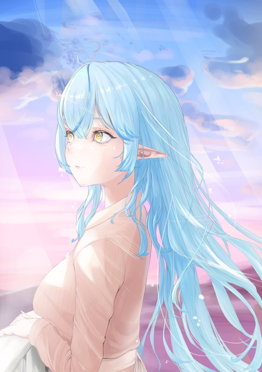 1girl, ahoge, blue_hair, breasts, closed_mouth, edge_ill, hair_between_eyes, hashtag-only_commentary, heart, heart_ahoge, highres, hololive, large_breasts, long_hair, multicolored_hair, pointy_ears, shirt, solo, streaked_hair, upper_body, virtual_youtuber, yellow_eyes, yellow_shirt, yukihana_lamy