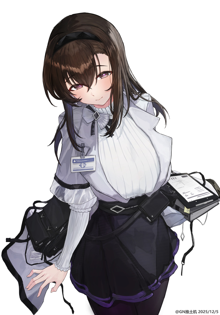 1girl, absurdres, arknights, black_eyes, black_hairband, black_pantyhose, black_skirt, breasts