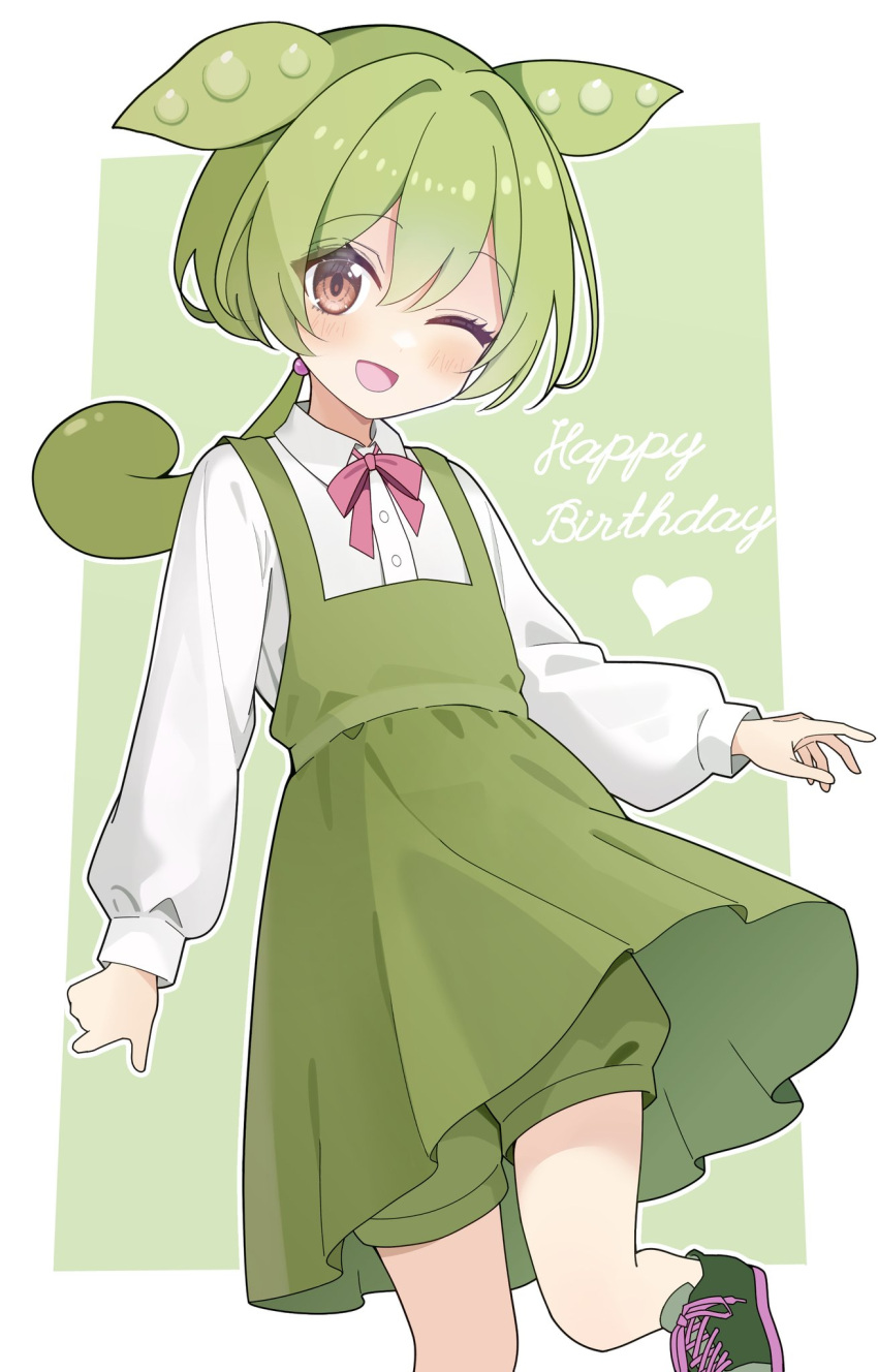 1girl, ;d, animal_ears, blush, border, bow, bowtie, brown_eyes
