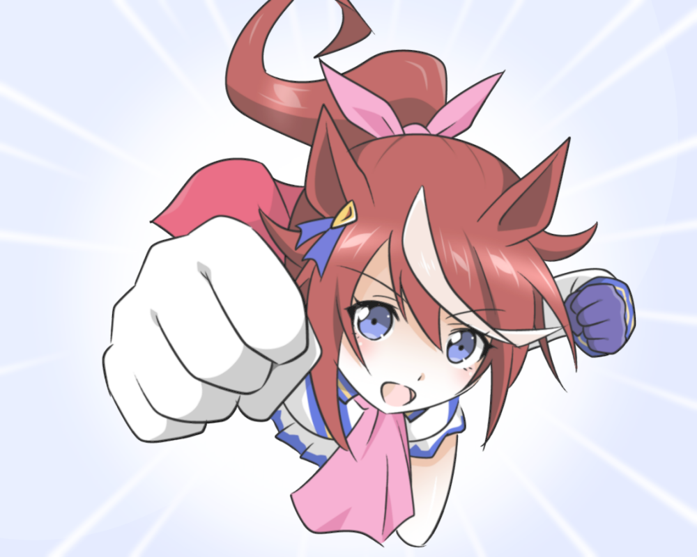 1girl, :d, aiueo8371, animal_ears, arm_up, ascot, asymmetrical_gloves, blue_background