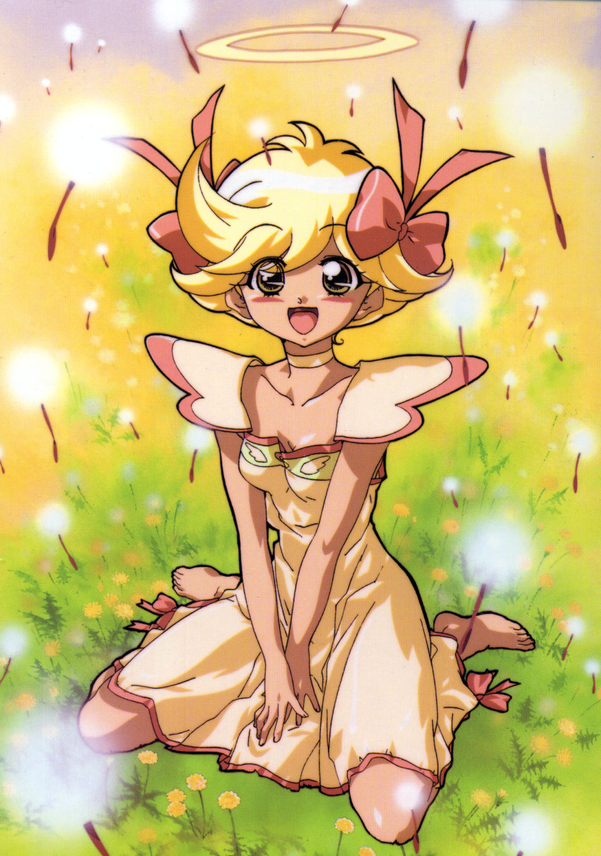 :d, angel, barefoot, blonde_hair, blush, bow, choker, dandelion, dress, flower, hair_bow, hair_ornament, hair_ribbon, halo, highres, katou_hiromi, noelle, noelle_(tenshi_ni_narumon), open_mouth, short_hair, sitting, smile, solo, tenshi_ni_narumon, v_arms, wariza, yellow_dress, yellow_eyes