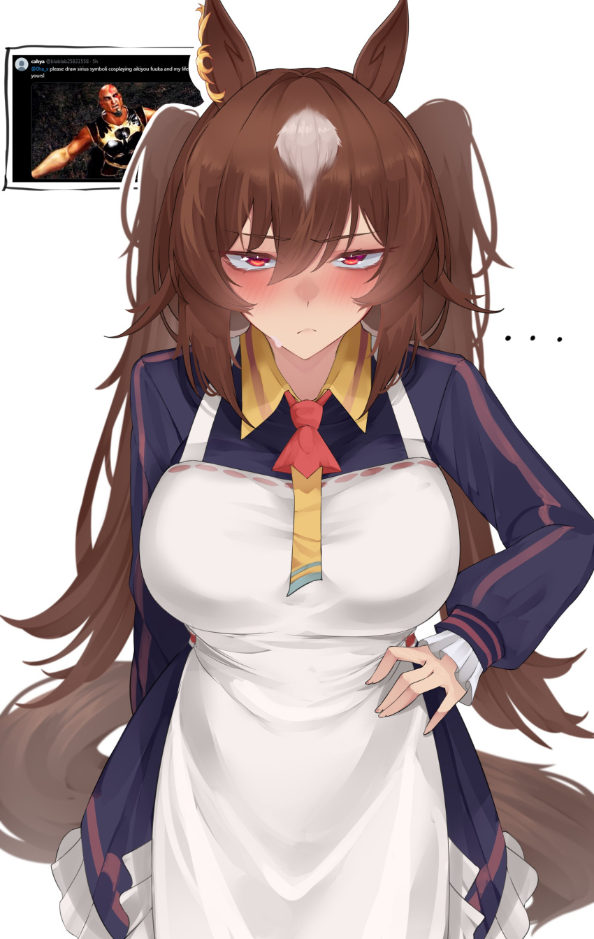 1girl, absurdres, apron, blush, breasts, brown_hair, cosplay, embarrassed
