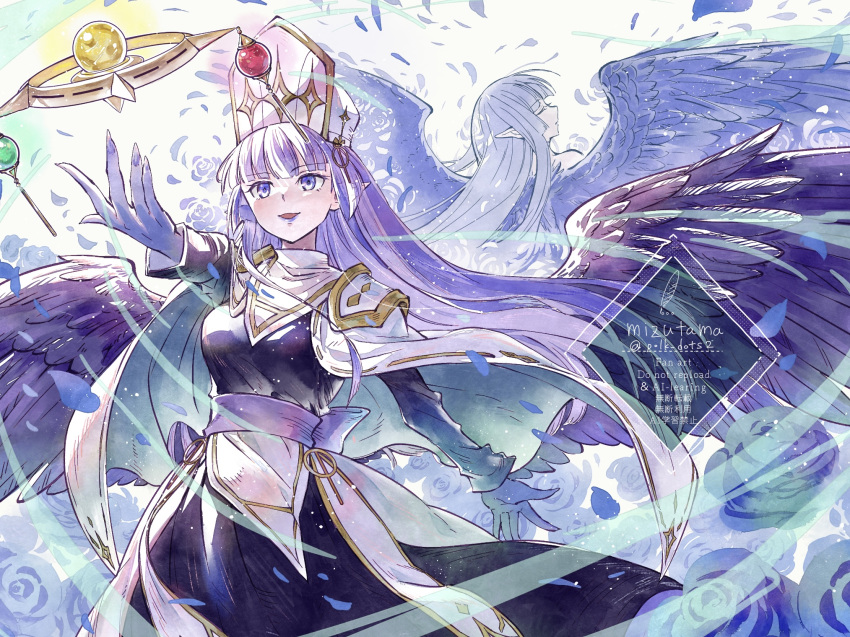 1girl, age_progression, black_wings, breasts, dress, duel_monster, falling_petals, feathered_wings