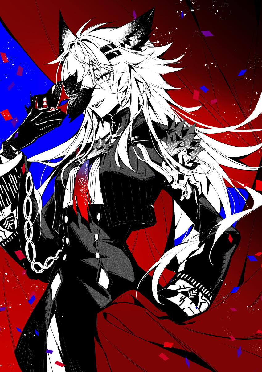 1girl, absurdres, animal_ears, arknights, black_gloves, black_jacket, black_skirt, bolo_tie