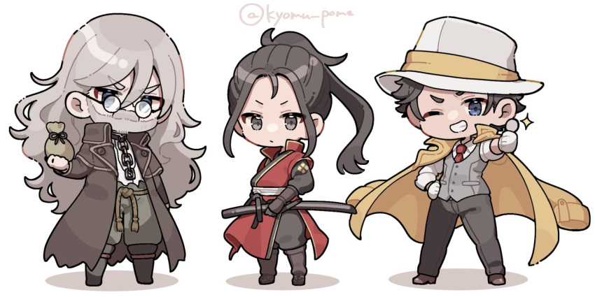 3boys, artist_name, bag, beard, black_hair, black_pants, blue_eyes, brown_coat