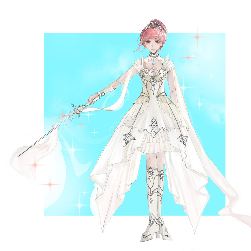 1girl, absurdres, armor, armored_boots, blue_background, boots, border, breastplate