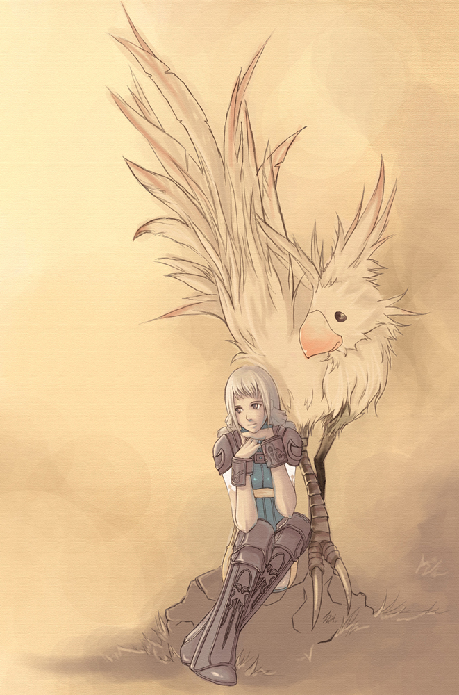 artist_request, blonde_hair, blue_eyes, boots, braid, chocobo, final_fantasy, final_fantasy_xii, penelo, shoulder_pads, shoulderpads, sitting, twin_braids