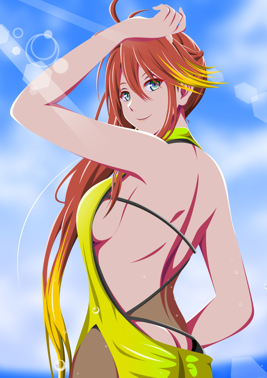 1girl, absurdres, blue_eyes, blue_sky, breasts, butt_crack, double-parted_bangs, eiyuu_densetsu
