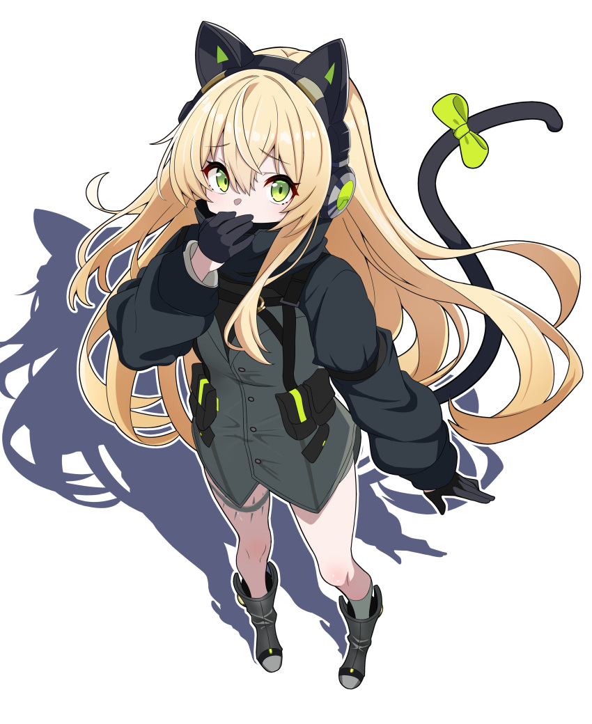 1girl, absurdres, animal_ear_headphones, animal_ears, bare_legs, black_gloves, blush, boots, bow, cat_ears, cat_tail, covering_own_mouth, fake_animal_ears, from_above, full_body, girls'_frontline_2:_exilium, girls_frontline, gloves, green_bow, green_eyes, hair_between_eyes, hand_to_own_mouth, hand_up, harpsy_(girls'_frontline_2), headphones, highres, jacket, long_hair, looking_at_viewer, looking_up, slit_pupils, solo, standing, tail, tail_bow, tail_ornament, tmp_(girls'_frontline), very_long_hair, yellow_eyes, yukari_(mzzu7342)