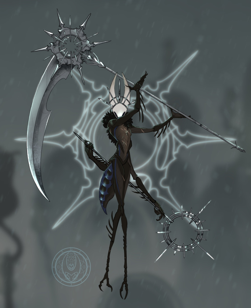 1girl, absurdres, arthropod_girl, black_eyes, black_skin, colored_skin, crest_(hollow_knight), demgozellegs