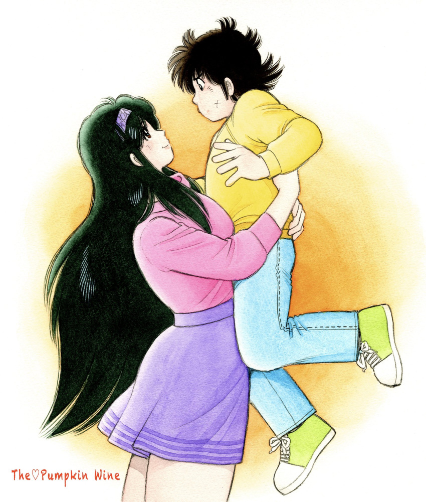 1boy, 1girl, aoba_shunsuke, asaoka_natsumi, black_eyes, black_hair, blue_pants, brown_eyes