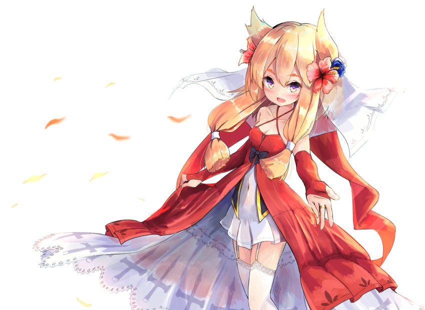 1girl, animal_ears, azur_lane, blonde_hair, blush, dress, fingerless_gloves, flower