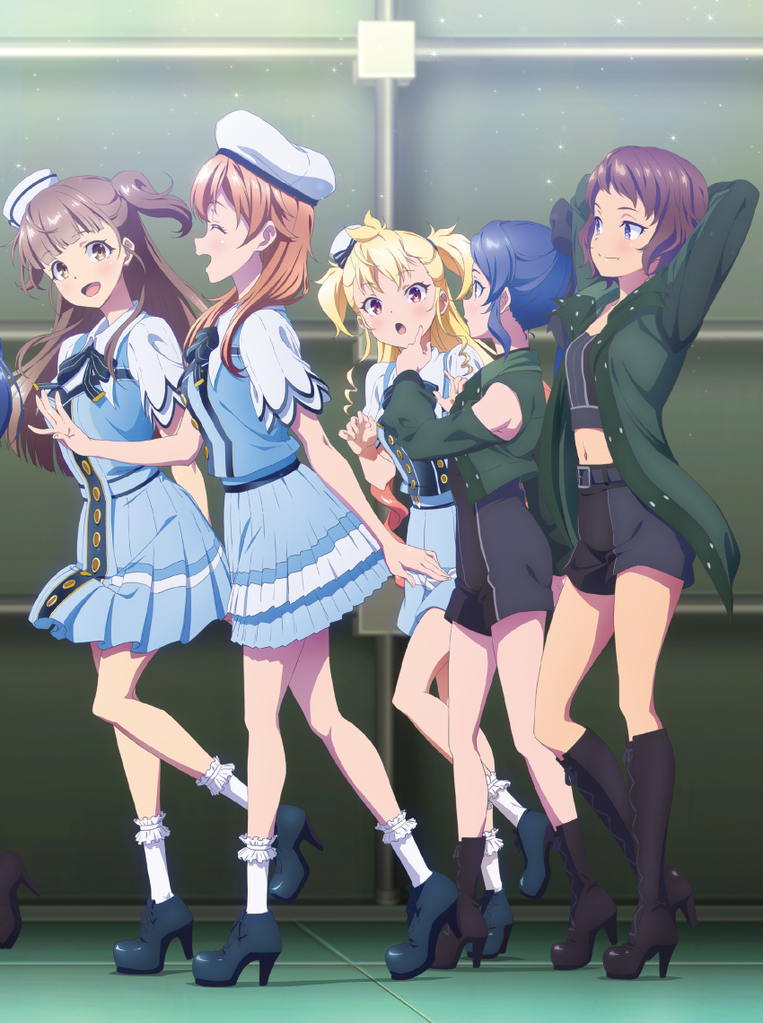 5girls, absurdres, anime_coloring, arms_behind_head, belt, black_belt, black_boots, black_skirt