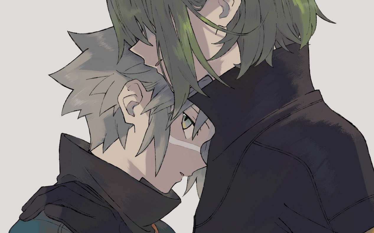 2boys, black_gloves, brown_hair, cail_(pokemon), commentary_request, from_side, gloves, green_hair