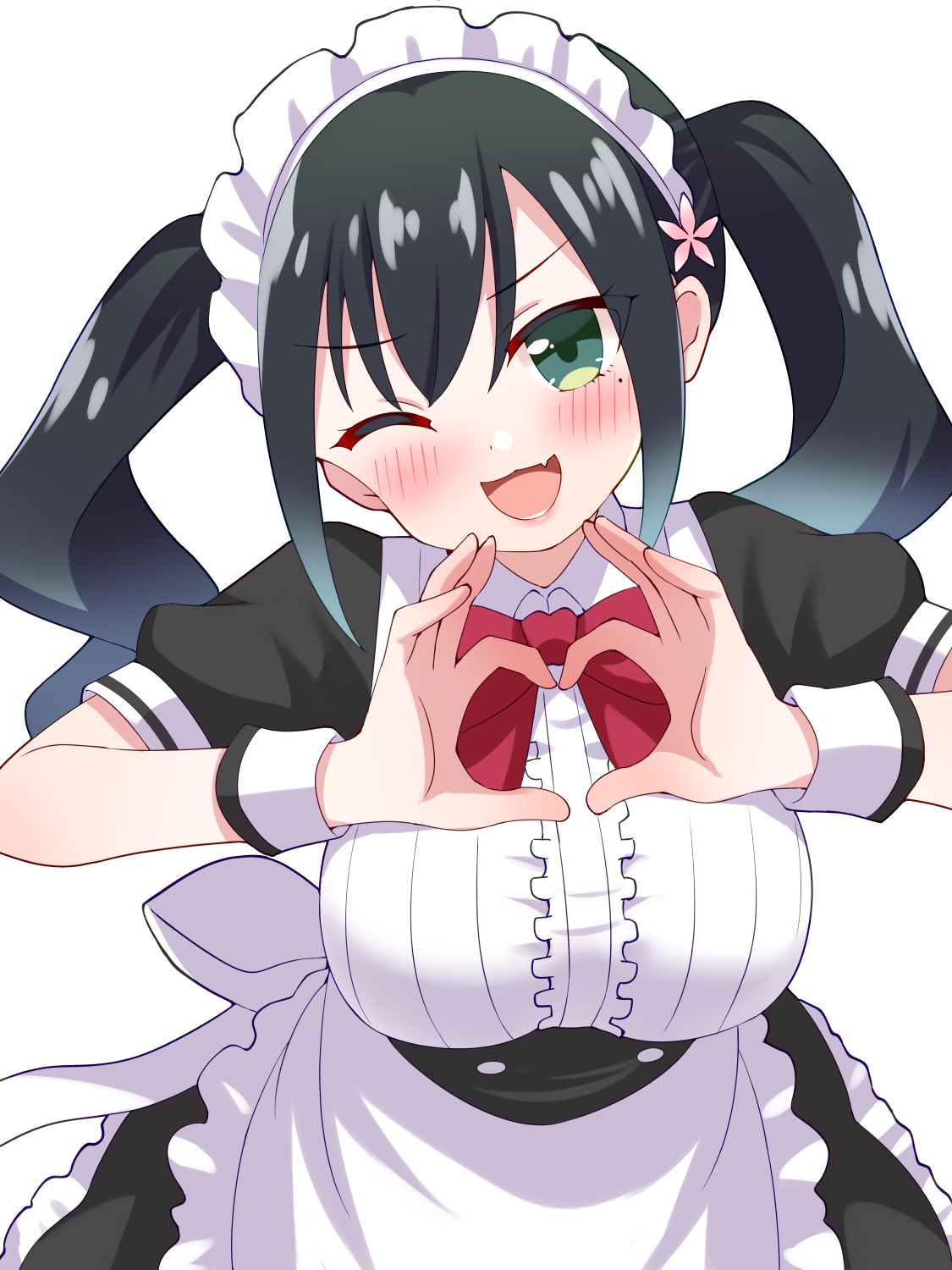 1girl, ;d, apron, bad_girl_(manga), black_dress, black_hair, blush, bow