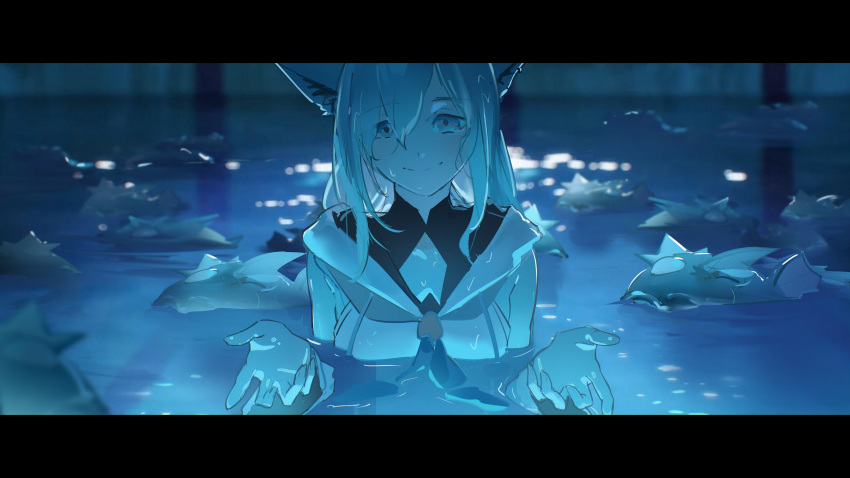 1girl, absurdres, ahoge, animal_ear_piercing, animal_ears, blue_neckerchief, braid, chainsaw_man