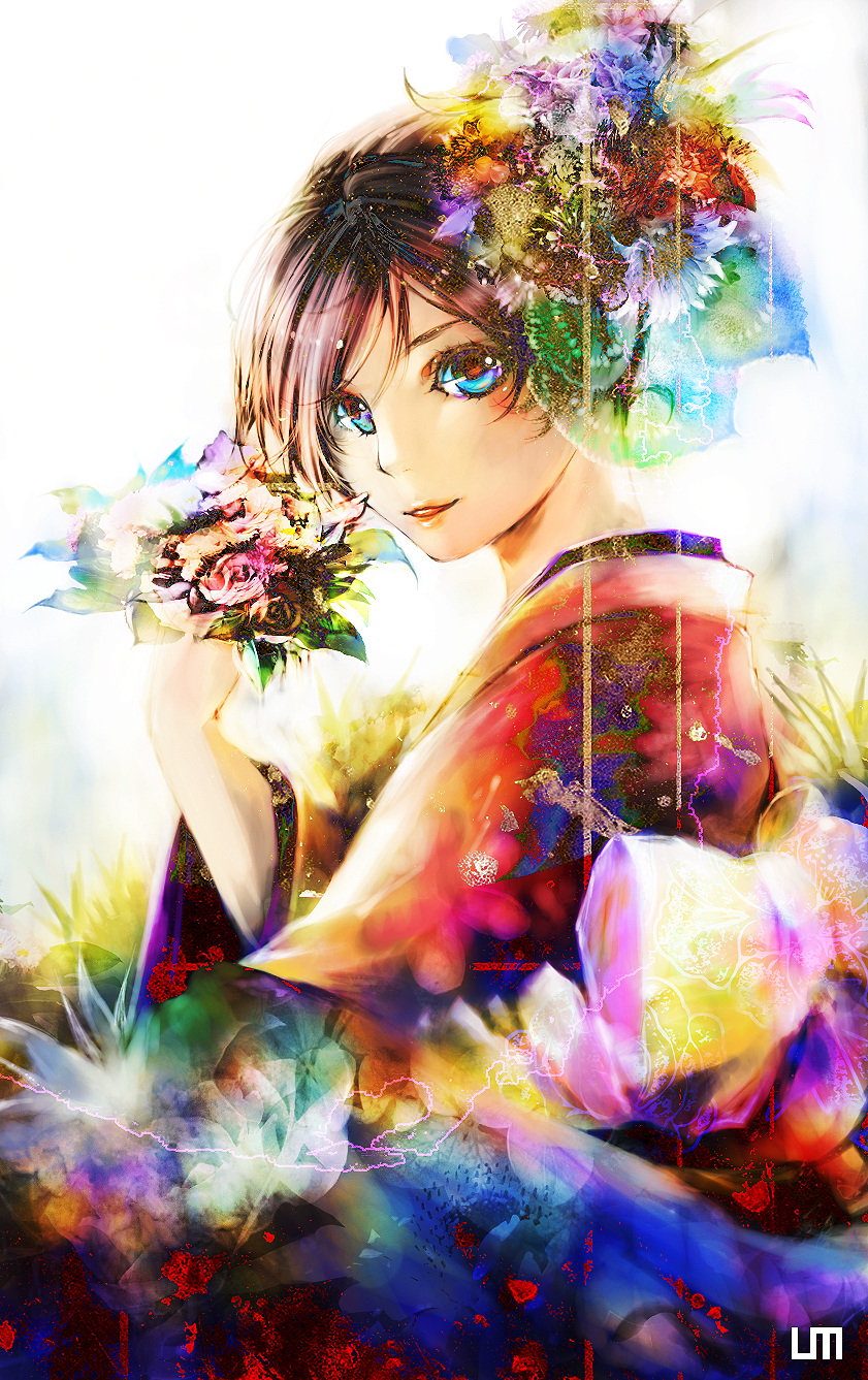 bad_id, blue_eyes, brown_hair, flower, hair_flower, hair_ornament, highres, japanese_clothes