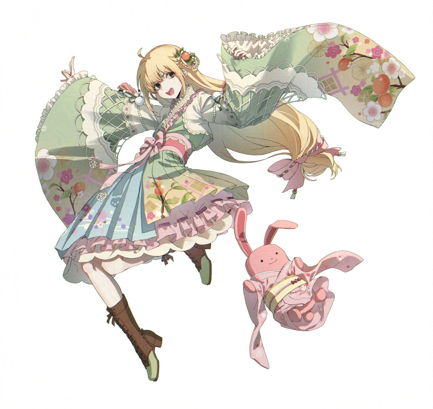 1girl, ahoge, blonde_hair, boots, brown_eyes, flat_chest, frills, full_body