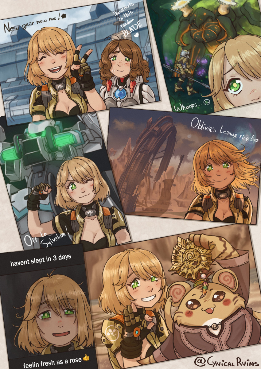 2girls, 2others, absurdres, aurora_(cynicalruins), blonde_hair, breasts, cleavage_cutout, clothing_cutout, cross_(female)_(xenoblade_x), cross_(xenoblade_x), formula_(xenoblade_x), green_eyes, highres, mia_(xenoblade_x), multiple_girls, multiple_others, multiple_views, new_los_angeles, noctilum, nopon, oblivia_(xenoblade_x), photo_(object), salute, selfie, skell_(xenoblade_x), sleepy, smile, twitter_username, two-finger_salute, xenoblade_chronicles_(series), xenoblade_chronicles_x