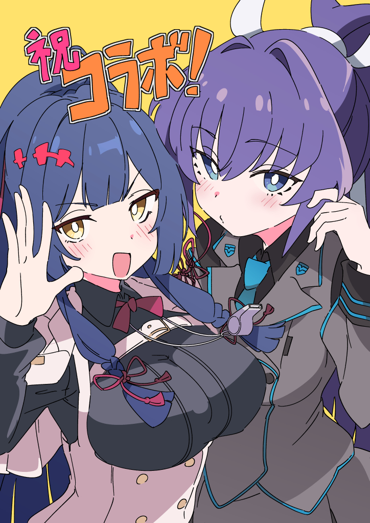 2girls, black_shirt, blue_eyes, blue_hair, blue_necktie, blush, breasts, color_connection