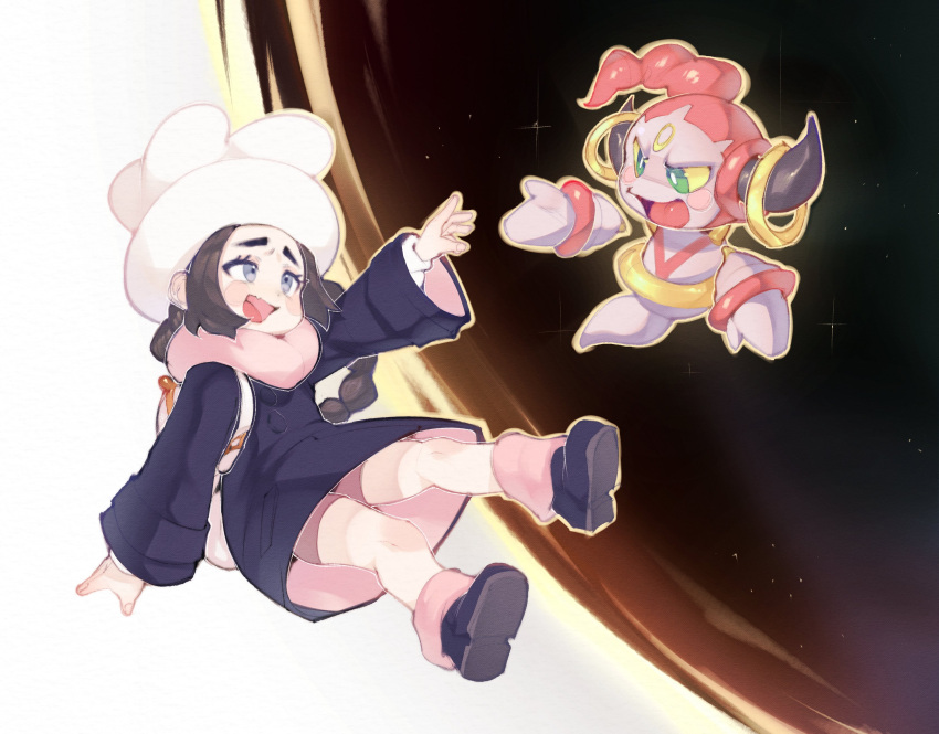 1girl, :d, absurdres, ansha_(pokemon), arm_up, bag, black_coat, black_hair