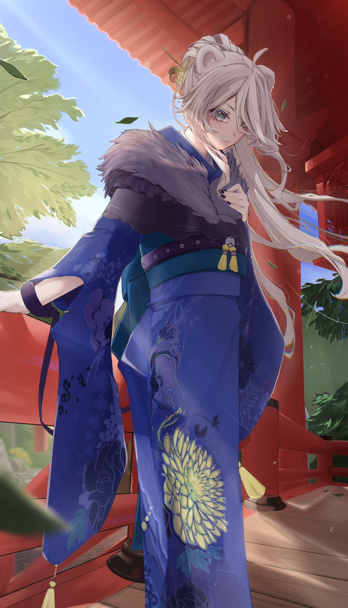 1girl, ahoge, alternate_costume, animal_ears, blue_kimono, closed_mouth, edge_ill, full_body