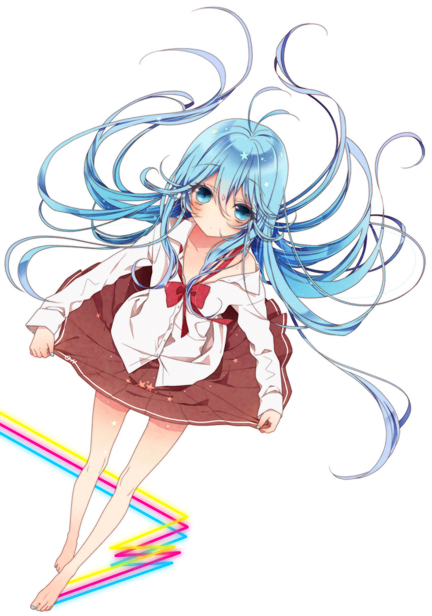 barefoot, blue_eyes, blue_hair, blush, denpa_onna_to_seishun_otoko, floating_hair, highres, kingyo_(pixiv246106)