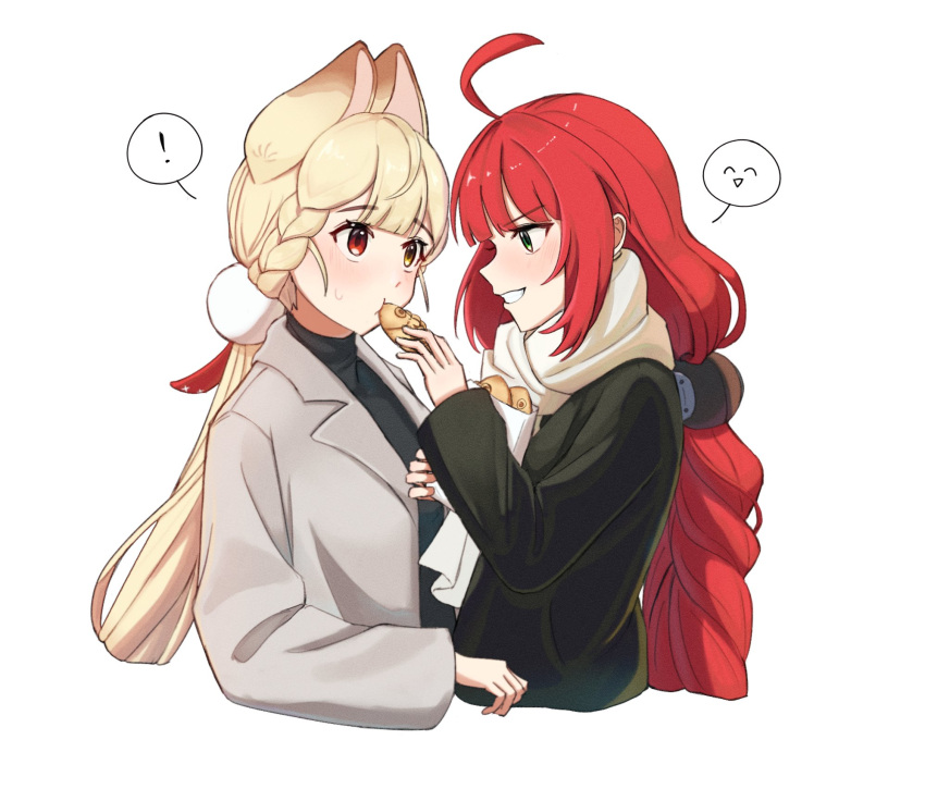 !, 2girls, ahoge, alice_thymefield, alternate_costume, animal_ears, black_coat, black_shirt