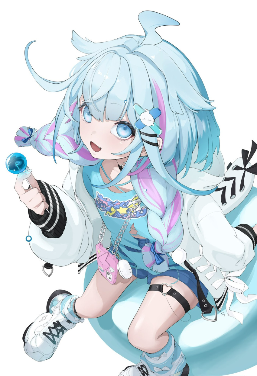 1girl, ahoge, blue_eyes, blue_hair, blue_shirt, blue_shorts, braid, candy