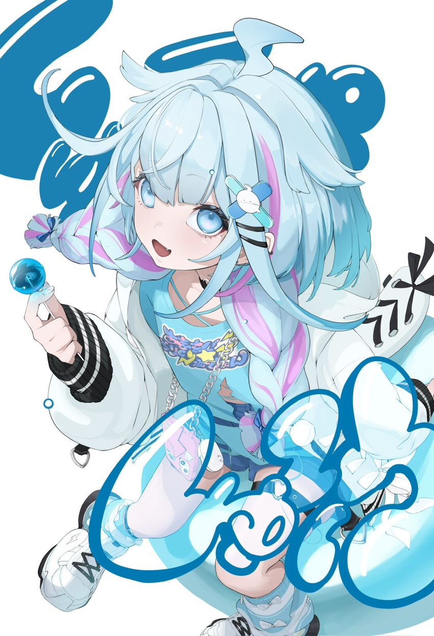 1girl, ahoge, blue_eyes, blue_hair, blue_shirt, blue_shorts, braid, candy