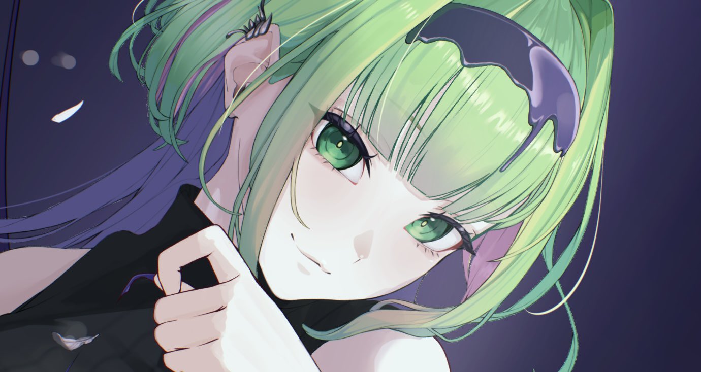 1girl, black_hairband, black_shirt, blunt_bangs, character_request, colored_inner_hair, commentary_request, commission