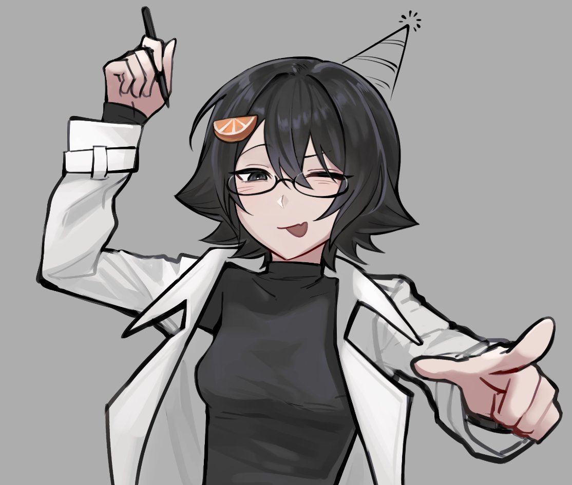 1girl, :p, ;p, black_eyes, black_shirt, coat, fang, food-themed_hair_ornament