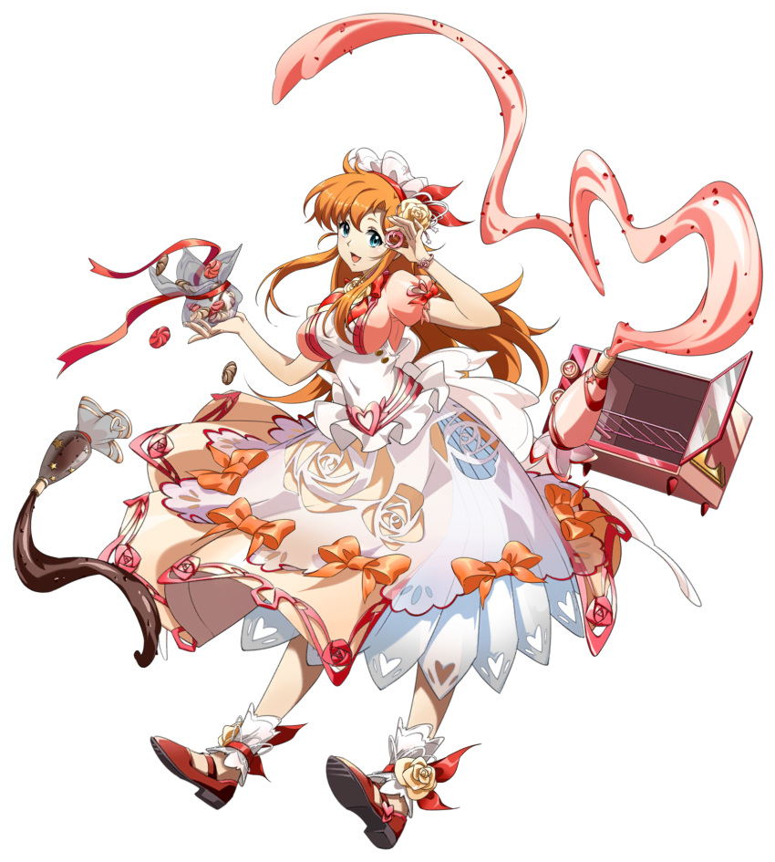 1girl, :d, ankle_cuffs, ankle_flower, ankle_ribbon, apron, bag, blue_eyes