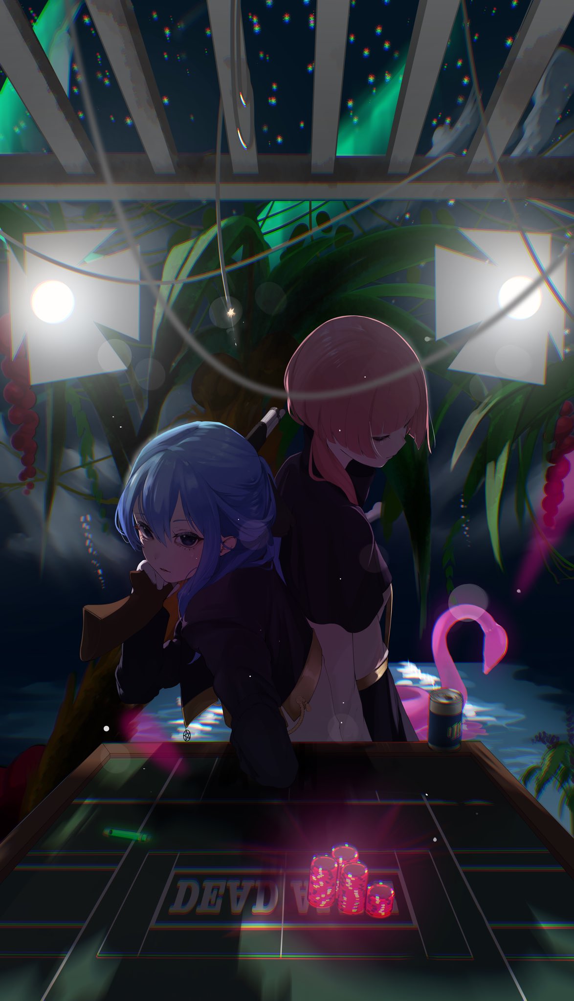2girls, black_shirt, blue_eyes, blue_hair, can, closed_eyes, commentary, double-parted_bangs, drink_can, edge_ill, flamingo_innertube, hair_between_eyes, highres, holding, holding_weapon, hololive, hoshimachi_suisei, innertube, kaf_(kamitsubaki_studio), kamitsubaki_studio, looking_at_viewer, medium_hair, multiple_girls, night, open_mouth, palm_tree, pink_hair, poker_chip, shirt, swim_ring, table, tree, virtual_youtuber, weapon