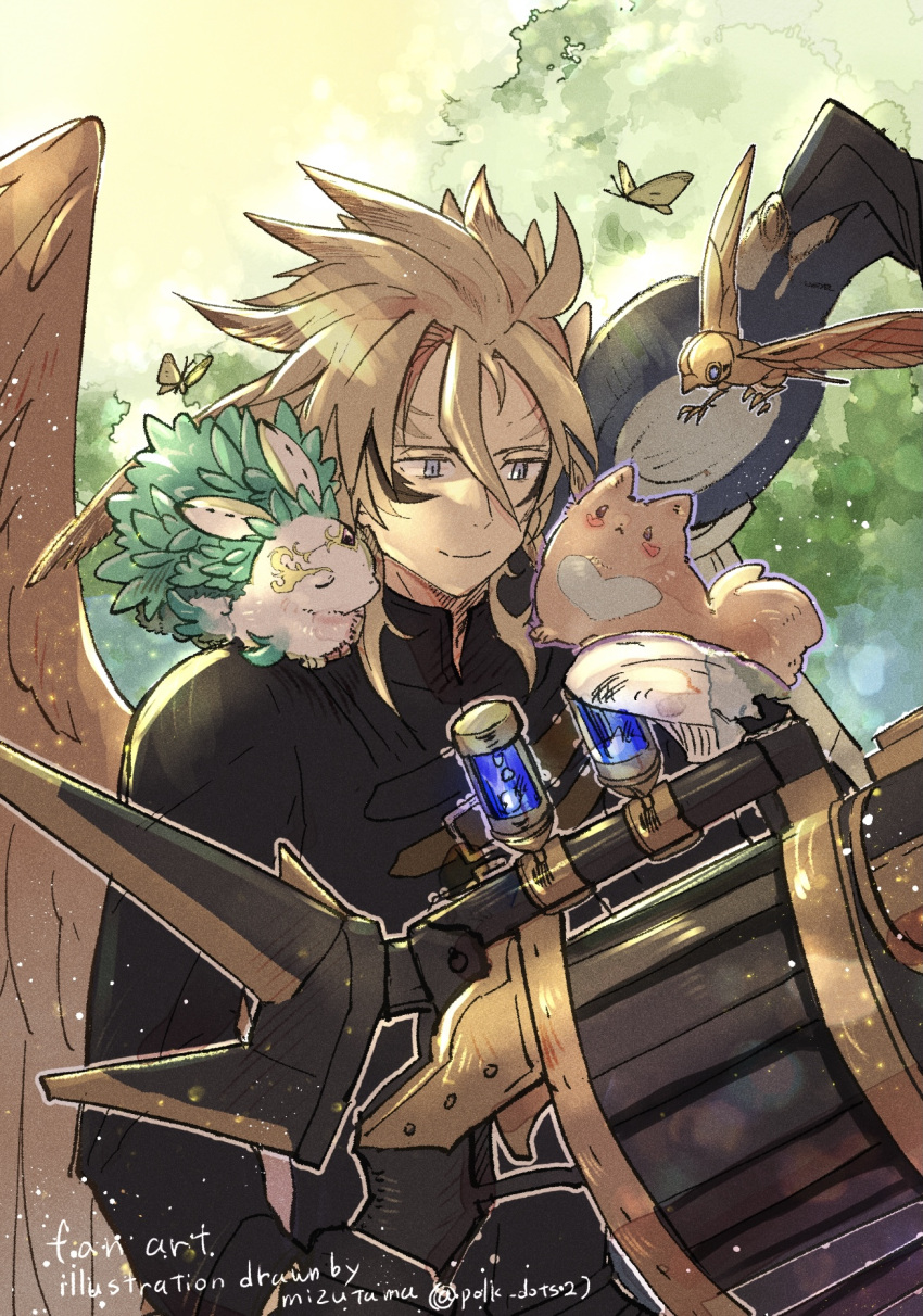1boy, animal, asymmetrical_wings, blonde_hair, blush, bug, butterfly, duel_monster